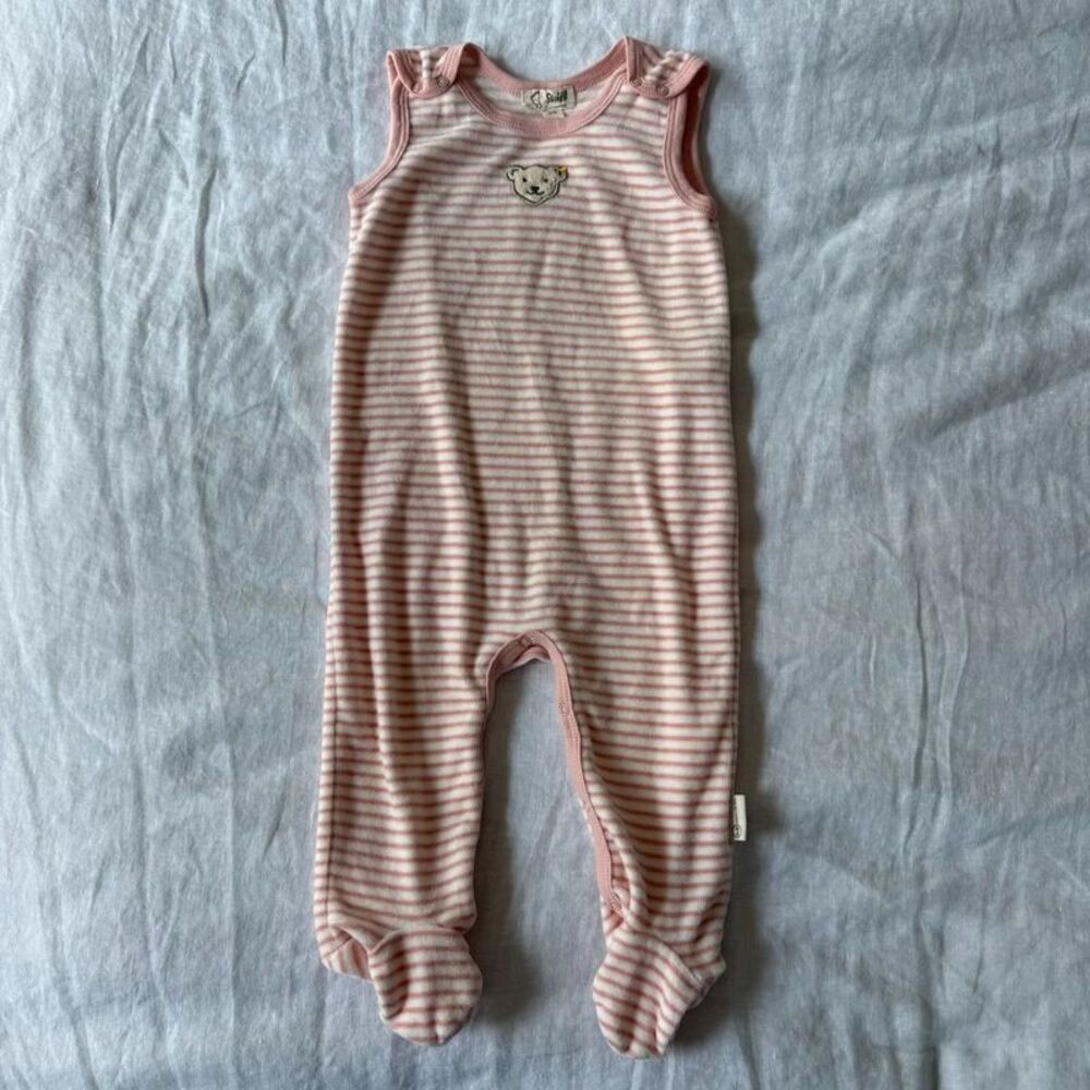 Steiff Romper pink/white stripe with bear appliqué Size 3-6m